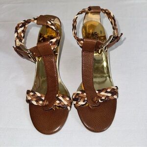 Michael Kors Juniper T-strap Thong Brown Braided Sandals Wedge size 6 Strappy‎